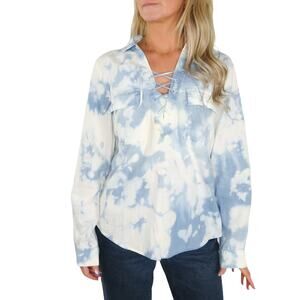 Custom Bleach Die Corset Lace Up Denim Button Down Top Medium Retro